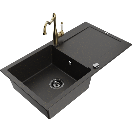 Mexen Leo granitový dřez 1-komorový s odkapávačem a kuchyňskou baterií Carla, černý/zlatý metalizovaný - 6501-75-670700-50-B