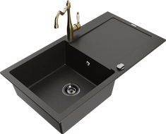 Mexen Leo granitový dřez 1-komorový s odkapávačem a kuchyňskou baterií Carla, černý/zlatý metalizovaný - 6501-75-670700-50-B