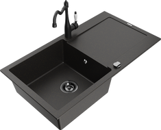 Mexen Leo granitový dřez 1-komorový s odkapávačem a kuchyňskou baterií Carla, černý/zlatý metalík - 6501-75-670700-70-B