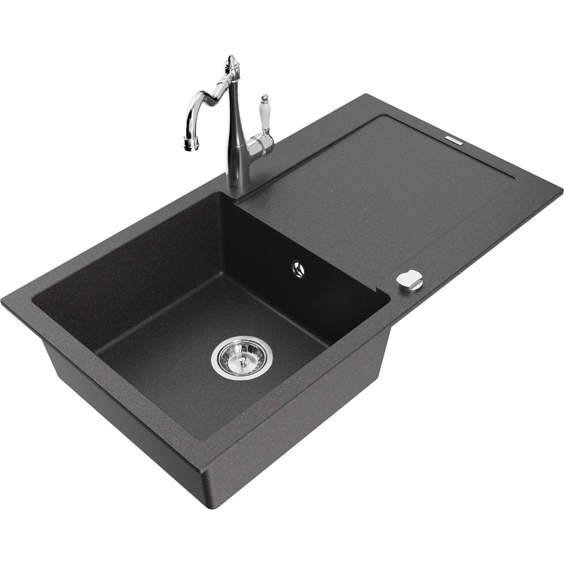 Mexen Leo granitový dřez 1-komorový s odkapávačem a kuchyňskou baterií Carla, černý skvrnitý - 6501-76-670700-00