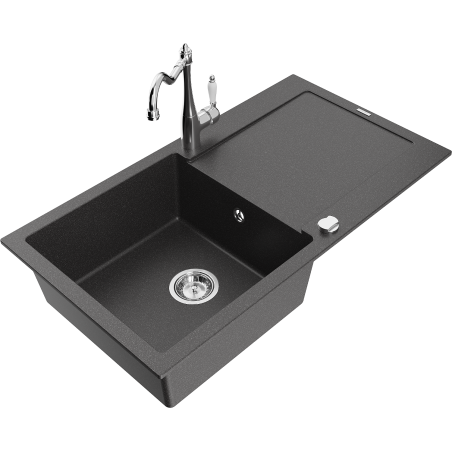 Mexen Leo granitový dřez 1-komorový s odkapávačem a kuchyňskou baterií Carla, černý skvrnitý - 6501-76-670700-00