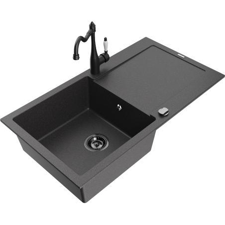 Mexen Leo granitový dřez s jednou komorou s odkapávačem a kuchyňskou baterií Carla, černý skvrnitý - 6501-76-670700-70-B