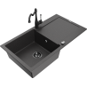 Mexen Leo granitový dřez s jednou komorou s odkapávačem a kuchyňskou baterií Carla, černý skvrnitý - 6501-76-670700-70-B