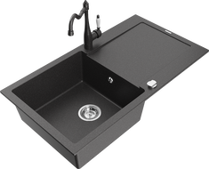 Mexen Leo granitový dřez 1-komorový s odkapávačem a kuchyňskou baterií Carla, černý skvrnitý - 6501-76-670700-76
