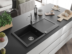 Mexen Leo granitový dřez jednodřezový s odkapávačem a kuchyňskou baterií Carla, černý - 6501-77-670700-00