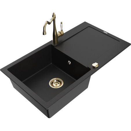 Mexen Leo granitový dřez 1-komorový s odkapávačem a kuchyňskou baterií Carla, černý - 6501-77-670700-50