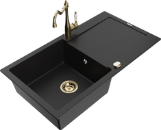 Mexen Leo granitový dřez 1-komorový s odkapávačem a kuchyňskou baterií Carla, černý - 6501-77-670700-50