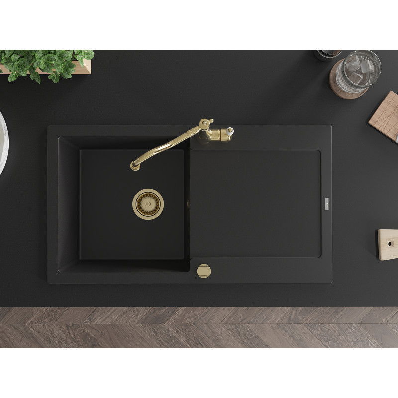 Mexen Leo granitový dřez 1-komorový s odkapávačem a kuchyňskou baterií Carla, černý - 6501-77-670700-50