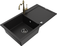 Mexen Leo granitový dřez 1-komorový s odkapávačem a kuchyňskou baterií Carla, černý - 6501-77-670700-50-B