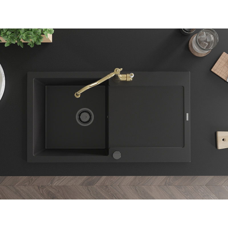 Mexen Leo granitový dřez 1-komorový s odkapávačem a kuchyňskou baterií Carla, černý - 6501-77-670700-50-B