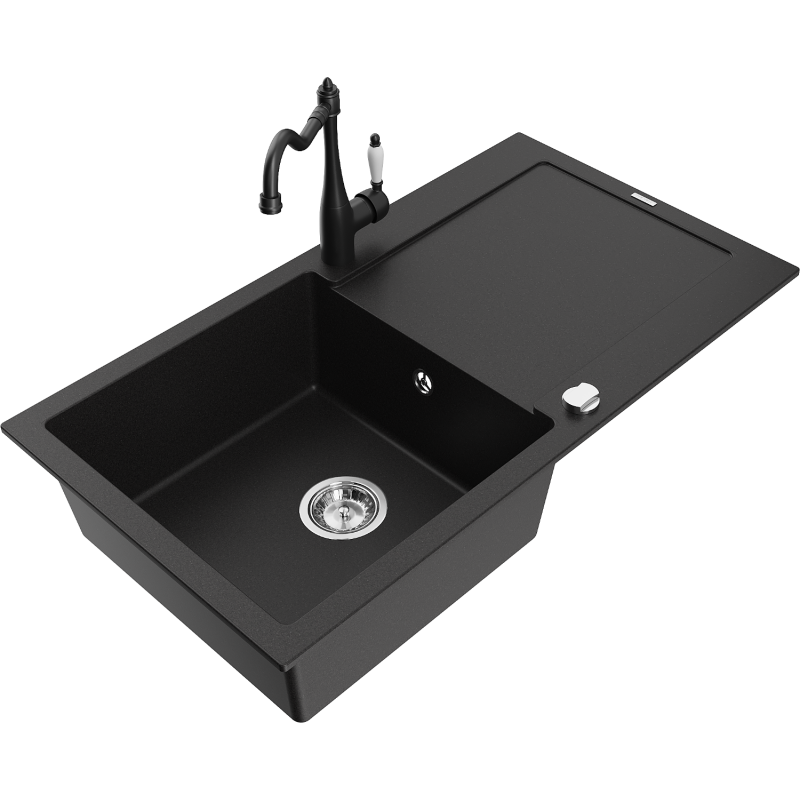 Mexen Leo granitový dřez 1-komorový s odkapávačem a kuchyňskou baterií Carla, černý - 6501-77-670700-70