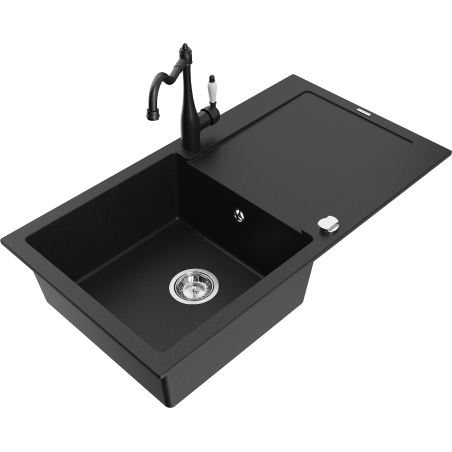 Mexen Leo granitový dřez 1-komorový s odkapávačem a kuchyňskou baterií Carla, černý - 6501-77-670700-70