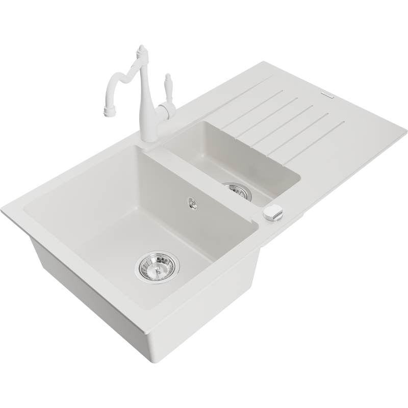 Mexen Matias granitový dřez 1,5-komorový s odkapávačem a kuchyňskou baterií Carla, bílý - 6502-20-670700-20