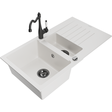 Mexen Matias granitový dřez 1,5-komorový s odkapávačem a kuchyňskou baterií Carla, bílý - 6502-20-670700-70