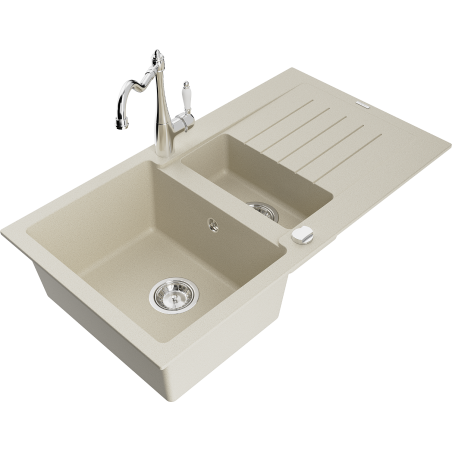 Mexen Matias granitový dřez 1,5-komorový s odkapávačem a kuchyňskou baterií Carla, béžový - 6502-69-670700-00