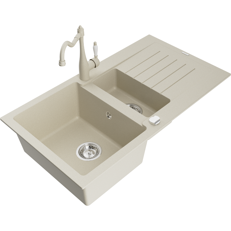 Mexen Matias granitový dřez 1,5-komorový s odkapávačem a kuchyňskou baterií Carla, béžový - 6502-69-670700-69