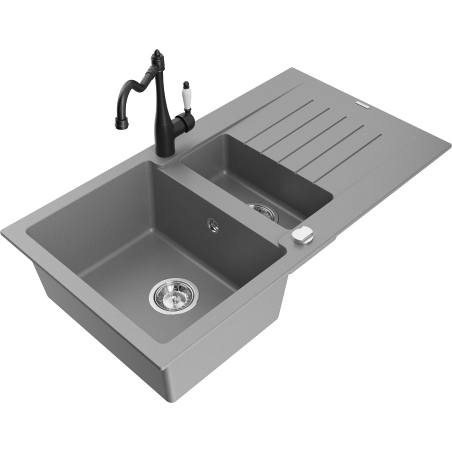 Mexen Matias žulový dřez 1,5-komorový s odkapávačem a kuchyňskou baterií Carla, šedý - 6502-71-670700-70