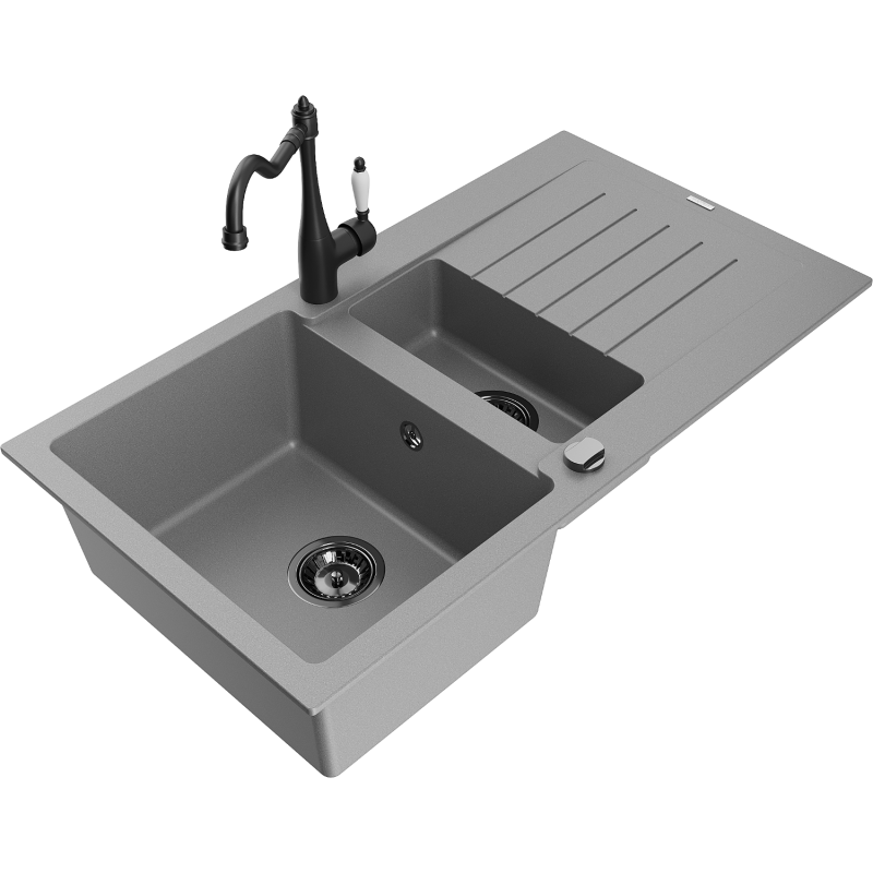 Mexen Matias žulový dřez s 1,5 komorou, odkapávačem a kuchyňskou baterií Carla, šedá - 6502-71-670700-70-B