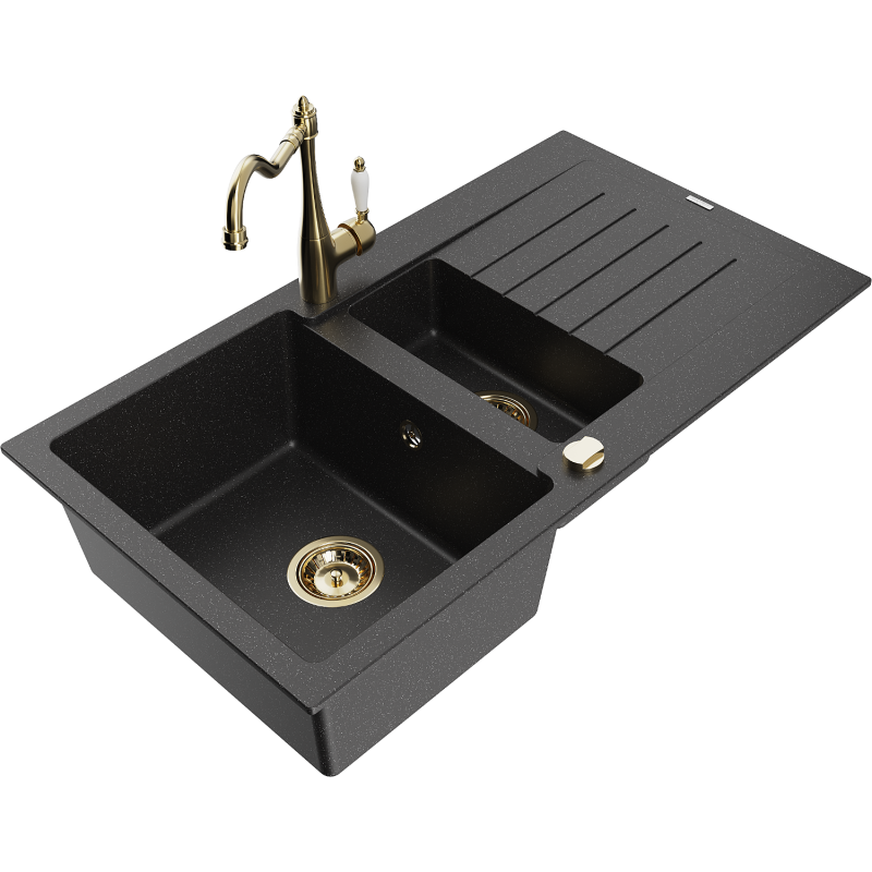 Mexen Matias granitový dřez 1,5komorový s odkapávačem a kuchyňskou baterií Carla černý/stříbrný metalik - 6502-73-670700-50