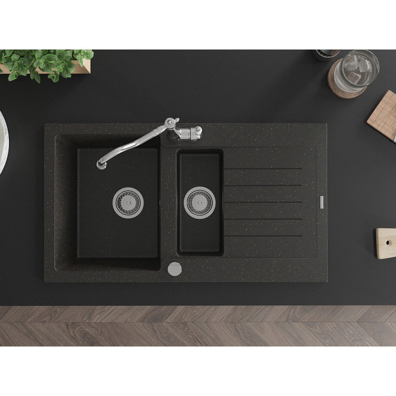 Mexen Matias žulový dřez 1,5-komorový s odkapávačem a kuchyňskou baterií Carla, černý/zlatý metalík - 6502-75-670700-00