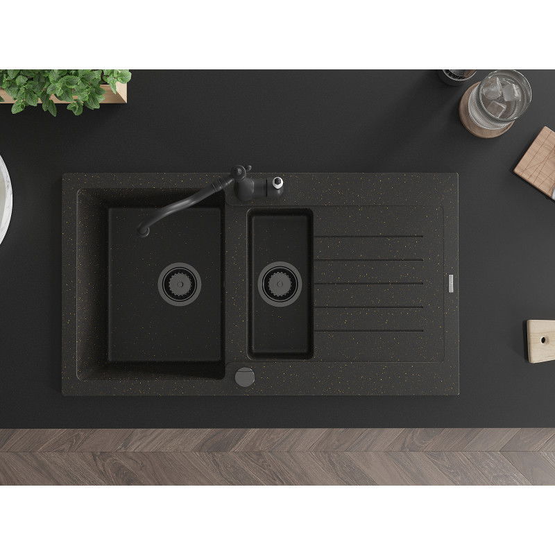 Mexen Matias žulový dřez 1,5-komorový s odkapávačem a kuchyňskou baterií Carla černý/zlatý metalický - 6502-75-670700-70-B