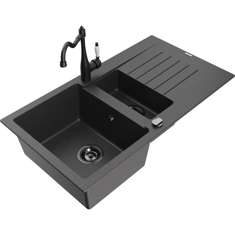 Mexen Matias granitový dřez 1,5-komorový s odkapávačem a kuchyňskou baterií Carla, černý skvrnitý - 6502-76-670700-70-B