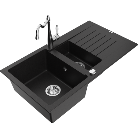 Mexen Matias žulový dřez 1,5komorový s odkapávačem a kuchyňskou baterií Carla, černý - 6502-77-670700-00