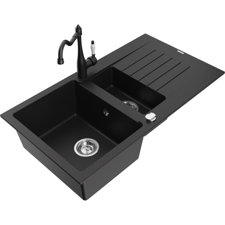 Mexen Matias granitový dřez 1,5-komorový s odkapávačem a kuchyňskou baterií Carla, černý - 6502-77-670700-70