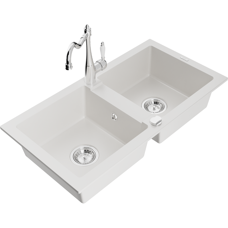 Mexen Mario dvoukomorový žulový dřez s kuchyňskou baterií Carla, bílý - 6504-20-670700-00