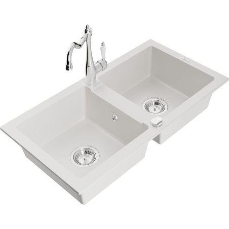 Mexen Mario dvoukomorový žulový dřez s kuchyňskou baterií Carla, bílý - 6504-20-670700-00