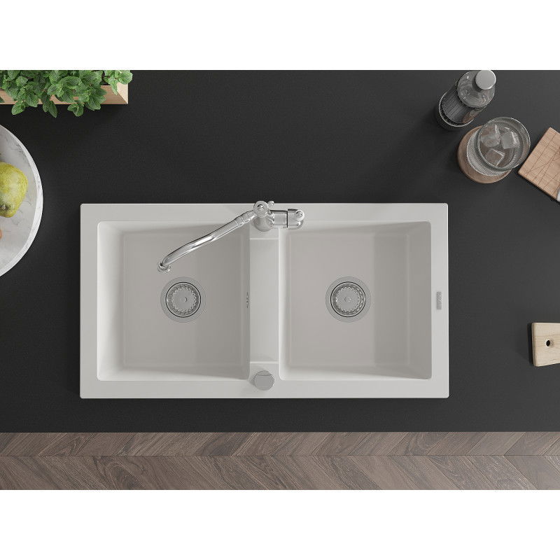 Mexen Mario dvoukomorový žulový dřez s kuchyňskou baterií Carla, bílý - 6504-20-670700-00