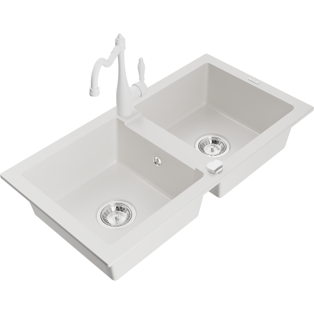Mexen Mario dvoukomorový granitový dřez s kuchyňskou baterií Carla, bílý - 6504-20-670700-20