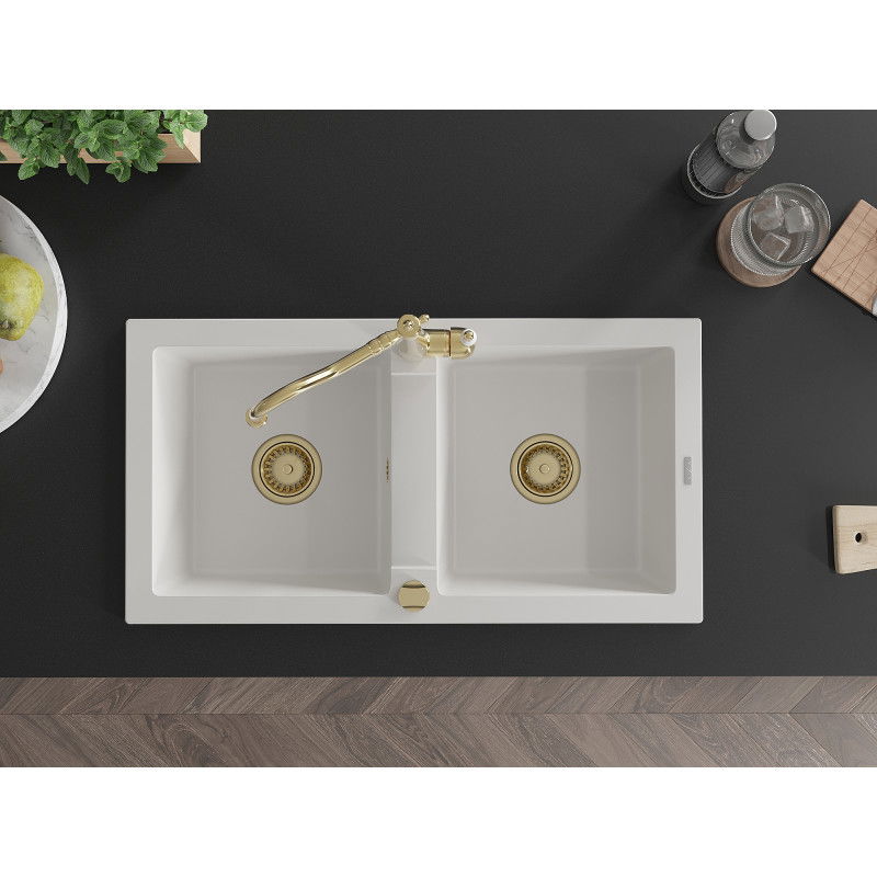 Mexen Mario dvoukomorový žulový dřez s kuchyňskou baterií Carla, bílý - 6504-20-670700-50