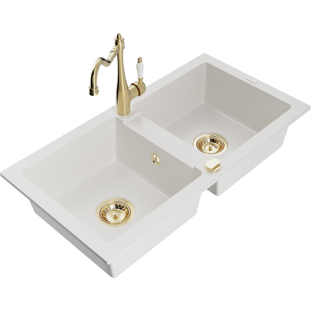 Mexen Mario dvoukomorový žulový dřez s kuchyňskou baterií Carla, bílý - 6504-20-670700-50