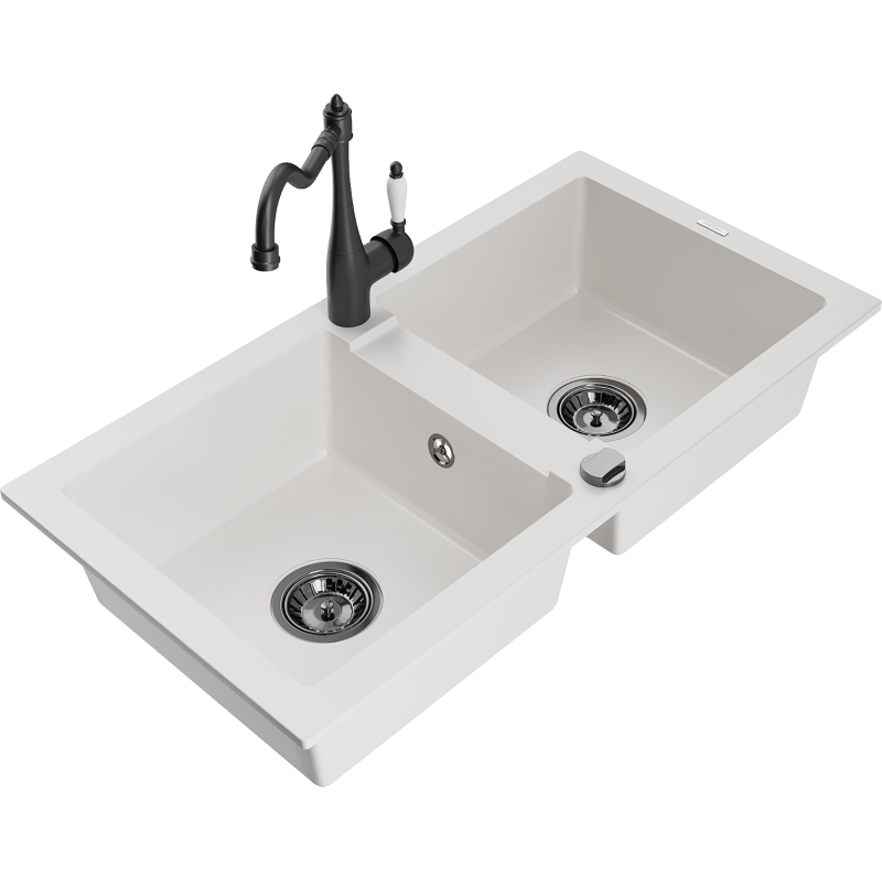 Mexen Mario žulový dřez 2-komorový s kuchyňskou baterií Carla, bílý - 6504-20-670700-70
