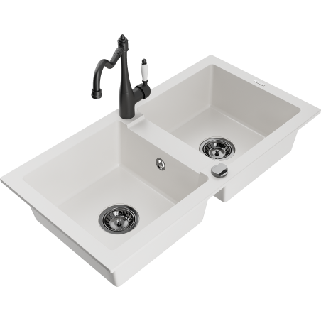 Mexen Mario žulový dřez 2-komorový s kuchyňskou baterií Carla, bílý - 6504-20-670700-70