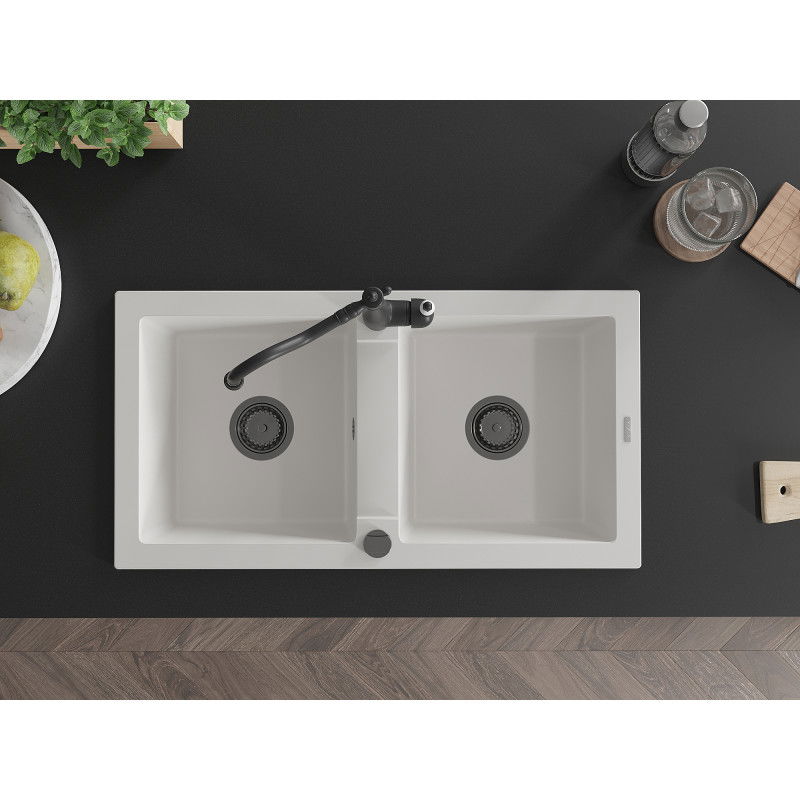 Mexen Mario žulový dřez 2-komorový s kuchyňskou baterií Carla, bílý - 6504-20-670700-70