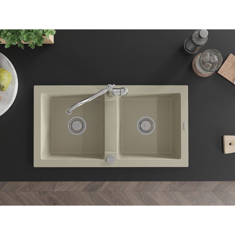 Mexen Mario dvojkomorový granitový dřez s kuchyňskou baterií Carla, béžový - 6504-69-670700-00