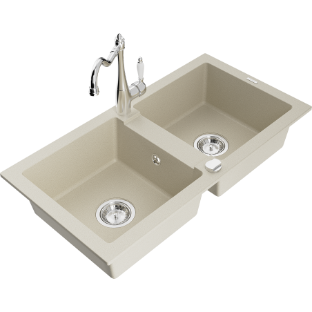 Mexen Mario dvojkomorový granitový dřez s kuchyňskou baterií Carla, béžový - 6504-69-670700-00