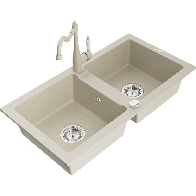 Mexen Mario Granitový Dřez 2-komorový s Kuchyňskou Baterii Carla, Béžový - 6504-69-670700-69