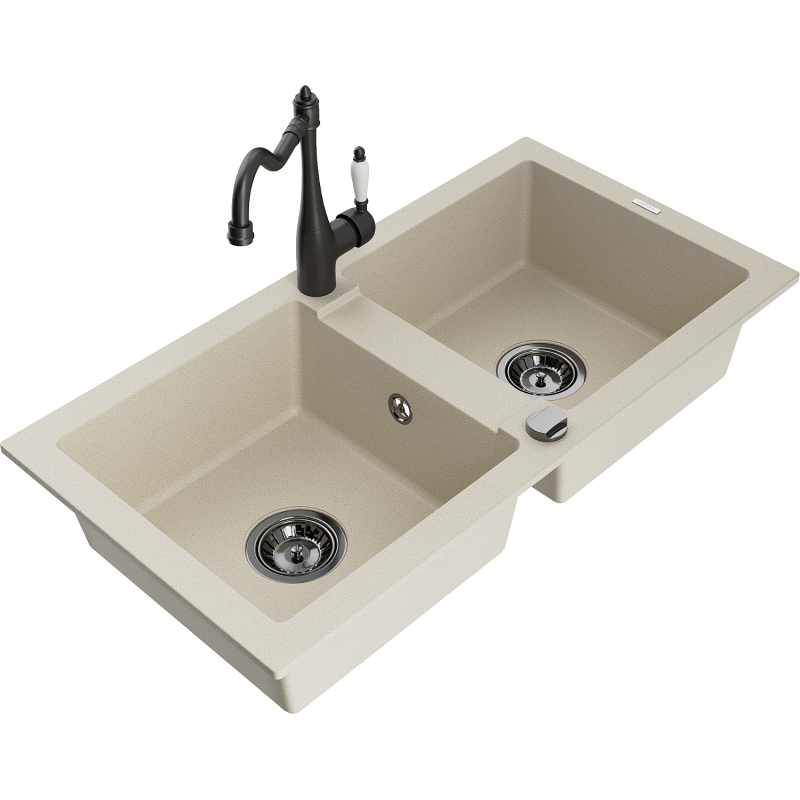 Mexen Mario granitový dřez 2-komorový s kuchyňskou baterií Carla, béžový - 6504-69-670700-70