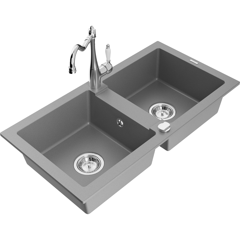 Mexen Mario žulový dvoukomorový dřez s kuchyňskou baterií Carla, šedý - 6504-71-670700-00