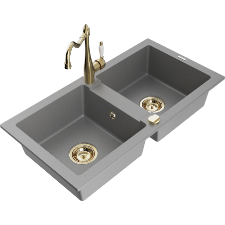 Mexen Mario žulový dřez 2-komorový s kuchyňskou baterií Carla, šedý - 6504-71-670700-50