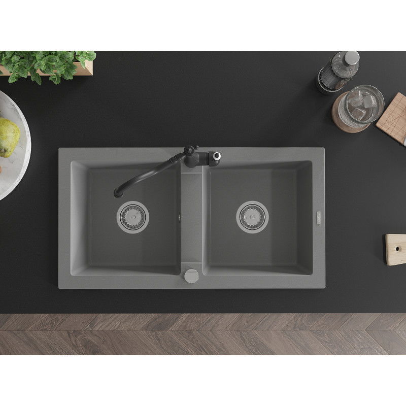 Mexen Mario dvoukomorový granitový dřez s kuchyňskou baterií Carla, šedý - 6504-71-670700-70
