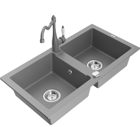 Mexen Mario kuchyňský dřez granitový 2-komorový s kuchyňskou baterií Carla, šedý - 6504-71-670700-71