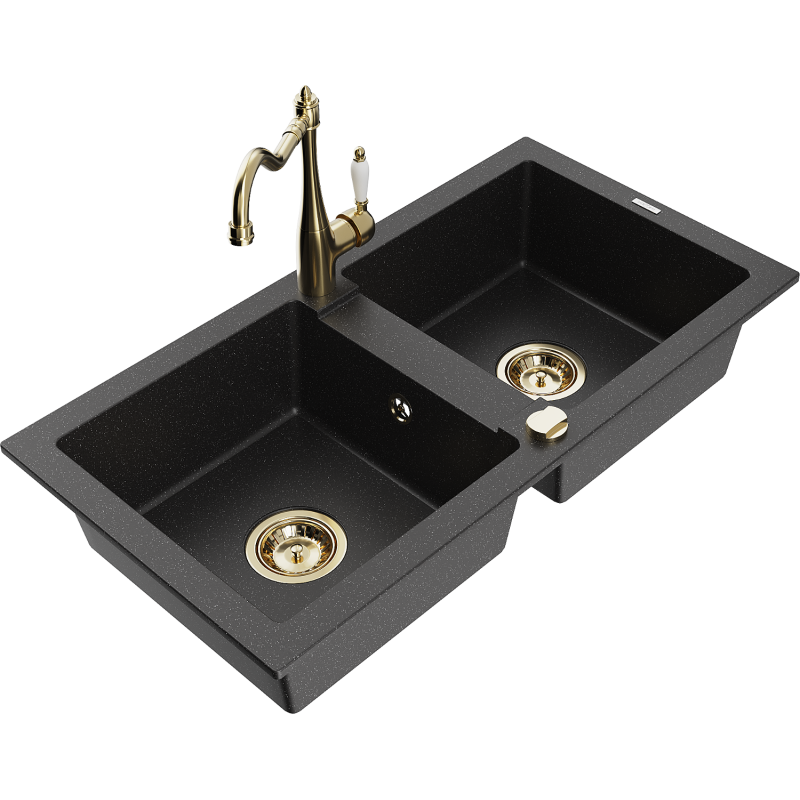 Mexen Mario žulový dvoukomorový dřez s kuchyňskou baterií Carla, černý/stříbrný metalik - 6504-73-670700-50