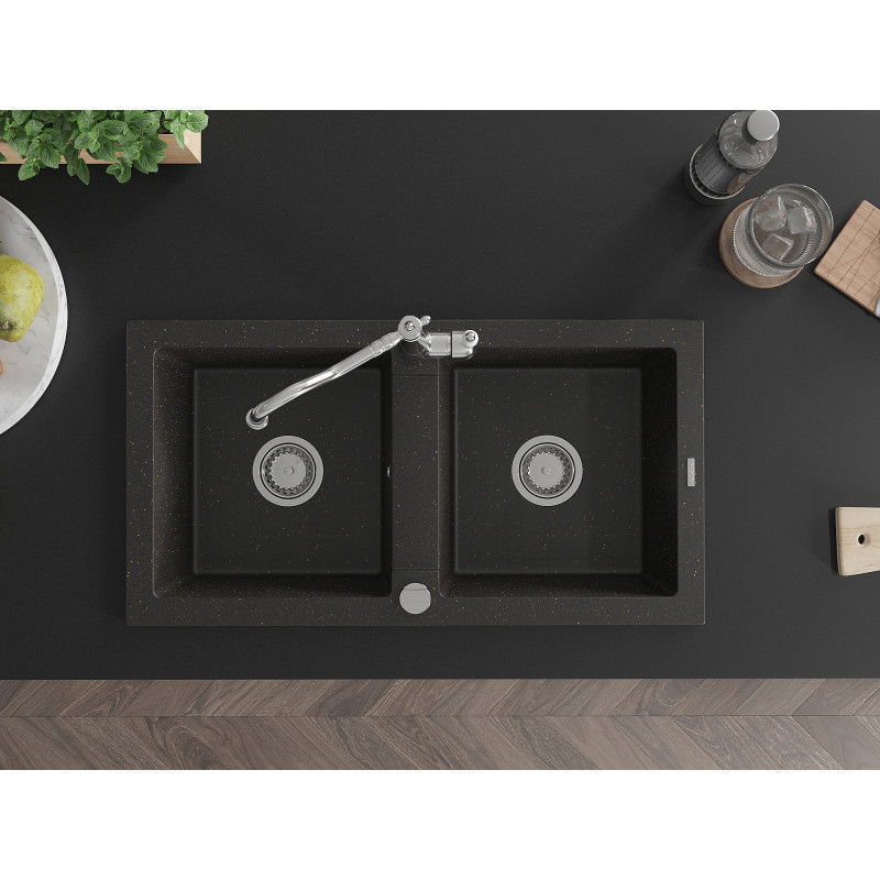 Mexen Mario dřez granitový 2-komorový s kuchyňskou baterií Carla, černý/zlatý metalik - 6504-75-670700-00