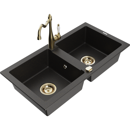 Mexen Mario granitový dřez 2-komorový s kuchyňskou baterií Carla, černý/zlatý metalik - 6504-75-670700-50