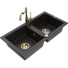 Mexen Mario granitový dřez 2-komorový s kuchyňskou baterií Carla, černý/zlatý metalik - 6504-75-670700-50