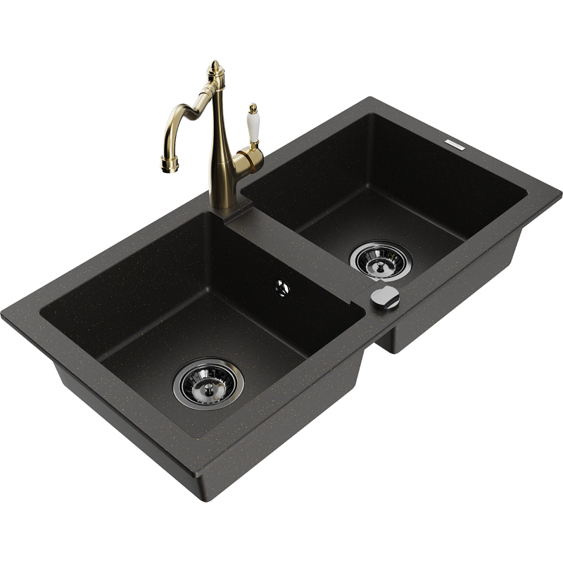 Mexen Mario žulový dvojkomorový dřez s kuchyňskou baterií Carla, černý/zlatý metalík - 6504-75-670700-50-B
